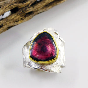 Watermelon Tourmaline Sculpted Ring Sterling Silver 22k Gold