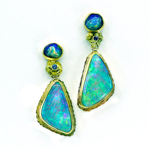 Opal in Petrified Wood Earrings Mexican Opal Alaskan Nuggets Sapphire 22k 18k 14k Gold