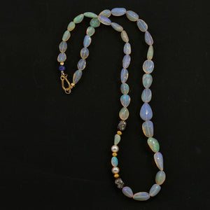 "Angel Song" Faceted Ethiopian Opal Beaded Necklace Diamond Encrusted Beads Pearls 18k Gold