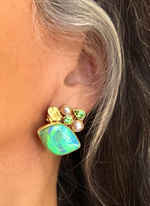 "Its Closing Time" Boulder Opal Earring Tourmaline Tsavorite Garnet Pearl Alaskan Gold Nugget 22k 18k Gold