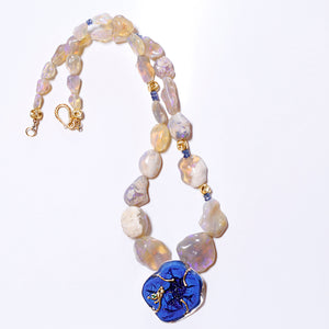 "Get Away With It" Blueberry Azurite Necklace Black Opal Beads 18k Gold Sterling Silver