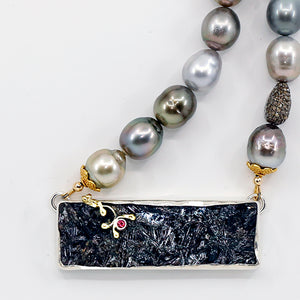 "Wishing On A Star" Black Tourmaline Tahitian Pearls Sapphire Diamond Encrusted Bead18k Gold Sterling Silver