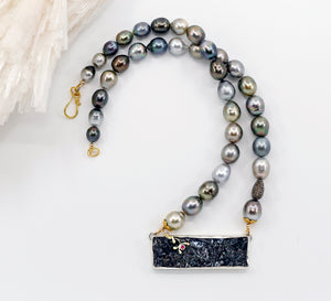 "Wishing On A Star" Black Tourmaline Tahitian Pearls Sapphire Diamond Encrusted Bead18k Gold Sterling Silver