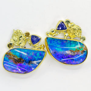 Boulder Opal Earring Tanzanite Alaskan Gold Nuggets 22k 18k Gold
