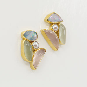 "Breath" Boulder Opal Earrings Aquamarine Rose Quartz Pearl 22k 18k