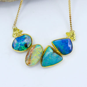 "Sun Shiny Day" Boulder Opal Necklace 22k 18k Alaskan Gold Nuggets
