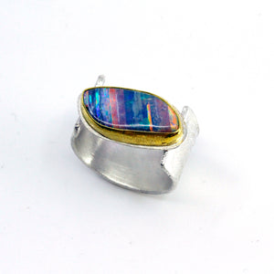 Boulder Opal Ring Wide Open Band 22k Gold Sterling Silver