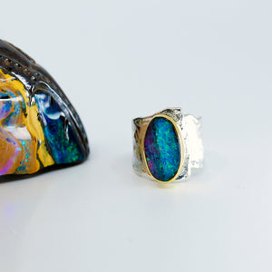 Boulder Opal Sculpted Ring 22k Sterling Silver