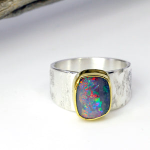 Boulder Opal Ring 22k Gold Sterling Silver Tapered Band