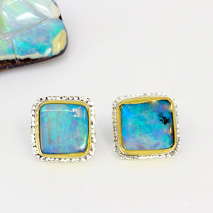 Boulder Opal Stud Earrings 22k Gold Sterling Silver