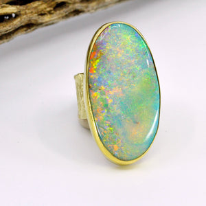 Opal in Petrified Wood Wide Band Ring 22k 18k Gold