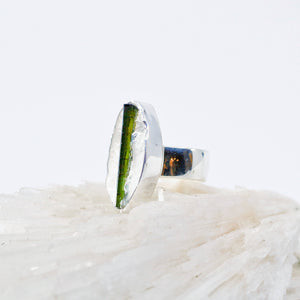 Green Tourmaline Crystal in Quartz Ring 22k Gold Sterling Silver Band