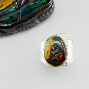 Boulder Opal Matrix Sculpted Ring 22k Gold Sterling Silver
