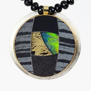 Jennifer-Kalled-gold-silver-hematite-boulder-opal-steve-walters-spinel-diamond-lava-beads-pendant-necklace