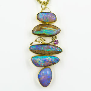 australian-boulder-opal-petrified-wood-grape-garnet-22k-18k-pendant-Jennifer-Kalled