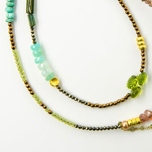Jennifer-Kalled-gem-beaded-chain-blues-greens-14k-gold-necklace