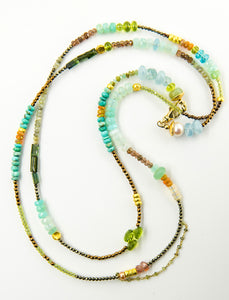 Jennifer-Kalled-gem-beaded-chain-blues-greens-14k-gold-necklace