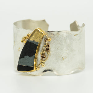 18k-gold-hematite-melted-style-cuff-bracelet-zircon-sterling-silver-Jennifer-Kalled