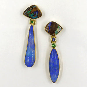 boulder-opal-tanzanite-gold-earrings-Jennifer-Kalled