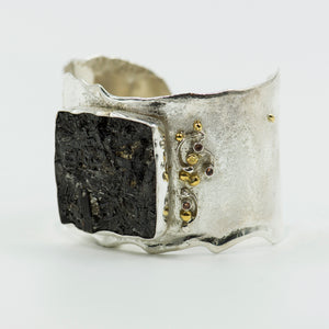 Black-tourmaline-zircon-gold-sterling-silver-cuff-bracelet-Jennifer-Kalled