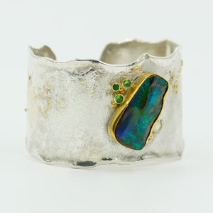 boulder-opal-sterling-silver-22k-gold-zircon-cuff-bracelet-Jennifer-Kalled