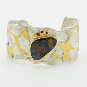 boulder-opal-22k-gold-sterling-silver-zircon-cuff-bracelet-Jennifer-Kalled