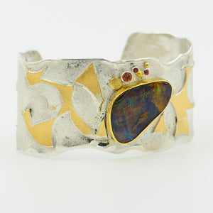boulder-opal-22k-gold-sterling-silver-zircon-cuff-bracelet-Jennifer-Kalled