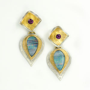 opal-australian-boulder-opal-bi-metal-grape-garnet-22k-sterling-silver-layered-earrings-Jennifer-Kalled