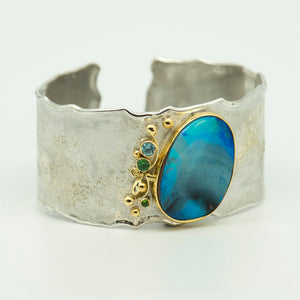 opal-sculpted-sterling-silver-22k-gold-tsavorite-topaz-cuff-bracelet-Jennifer-Kalled