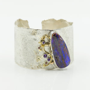 australian-boulder-opal-cuff-bracelet-sterling-silver-22k-18-gold-amethyst-Jennifer-Kalled