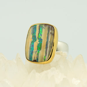 Jennifer-Kalled-Australian-boulder-opal-ring-22k-gold-sterling-silver