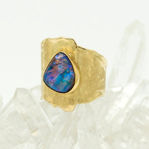 Jennifer-Kalled-opal-petrified-wood-melted-gold-ring