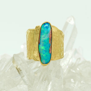 Jennifer-Kalled-opal-petrified-wood-22k-18k-melted-gold-ring