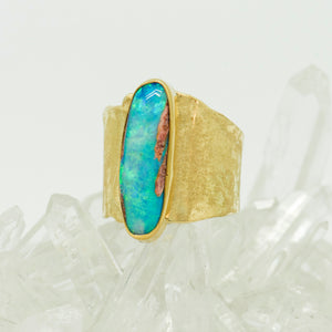 Jennifer-Kalled-opal-petrified-wood-22k-18k-melted-gold-ring
