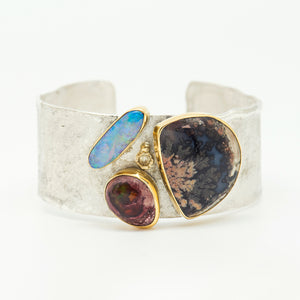Jennifer-Kalled-boulder-opal-agate-cuff-bracelet-silver-gold