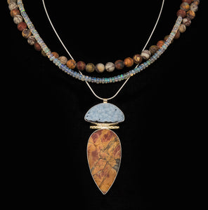 Jennifer-Kalled-necklace-cherry-creek-jasper-drusy-silver-gold-work