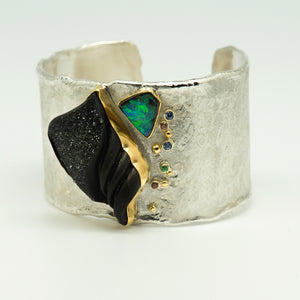 Jennifer-Kalled-melted-cuff-bracelet-sterling-silver-onyx-drusy-australian-boulder-opal-tsavorite-bracelet