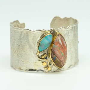 Jennifer-Kalled-melted-cuff-bracelet-australian-boulder-opals-22k-18k-gold
