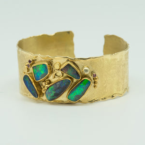 Jennifer-Kalled-Australian-boulder-opal-18k-gold-cuff-bracelet