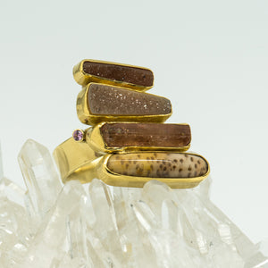 Jennifer-Kalled-drusy-topaz-petrified-wood-ring-22k-18k-gold