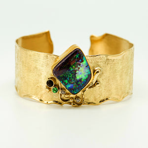 Jennifer-Kalled-boulder-opal-22k-18k-gold-melted-cuff-bracelet