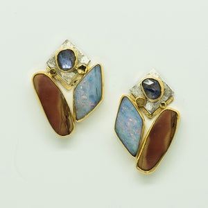 Jennifer-Kalled-earrings-cherry-creek-jasper-boulder-opal-tanzanite-22k-gold-sterling-silver