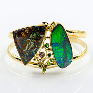 boulder-opal-yowah-opal-chrome-diopside-tsavorite-gold-cuff-bracelet-Jennifer-Kalled