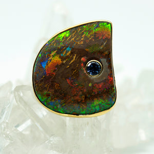 Jennifer-Kalled-Australian-boulder-opal-ring-tanzanite-22k-18k-14k-gold