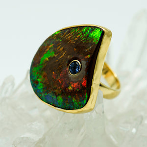 Jennifer-Kalled-Australian-boulder-opal-ring-tanzanite-22k-18k-14k-gold