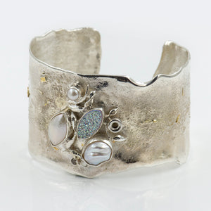 sterling-silver-cuff-bracelet-pearls-white-drusy-Jennifer-Kalled