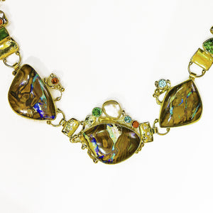 Boulder opal pearl tourmaline garnet 22k gold necklace kalled