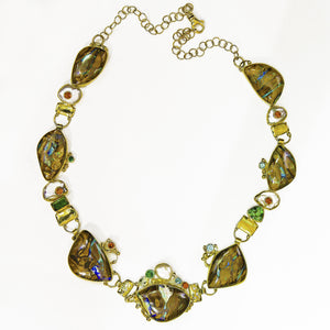 Boulder opal pearl tourmaline garnet 22k gold necklace kalled