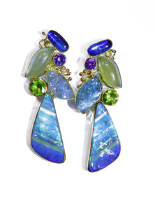 striped boulder opal kyanite aquamarine peridot earring 22k gold