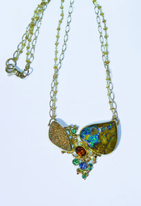 boulder opal 18k gold drusy quartz hessonite garnet tsavorite 22k gold kalled necklace